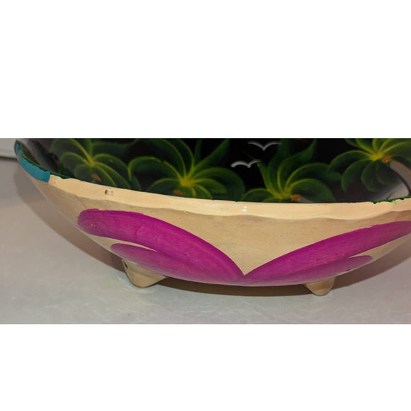 Vintage Mexican Pottery Hand Painted Folk Art Bowl 3 Footed Scalloped Edge - Picture 9 of 9